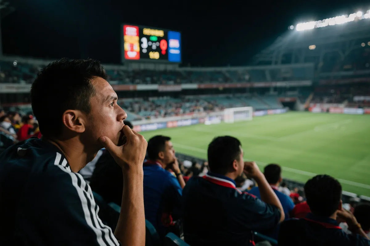 看台上紧张注视比分的球迷特写