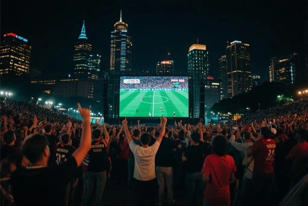 夜晚的多伦多球迷广场，巨幕直播比赛，来自不同文化背景的人群一起欢呼，灯光与城市天际线同框