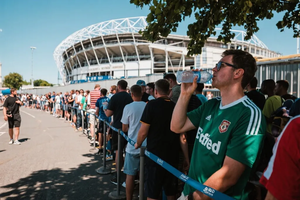 炎热天气下球迷在场馆外补水休息与排队入场的场景，写实风