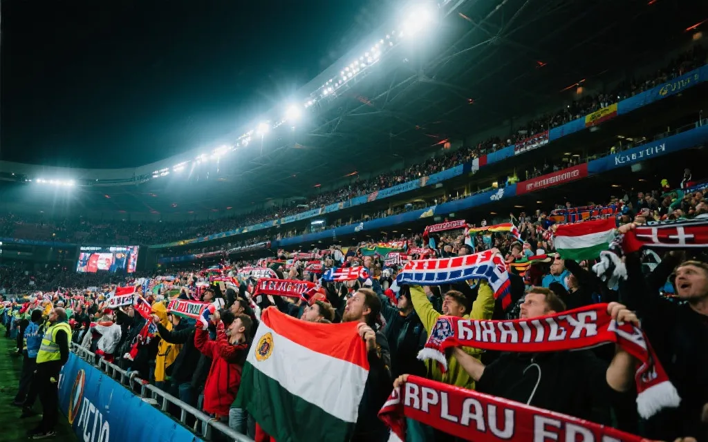 球场看台上不同国家球迷用围巾旗帜和歌声营造热烈氛围