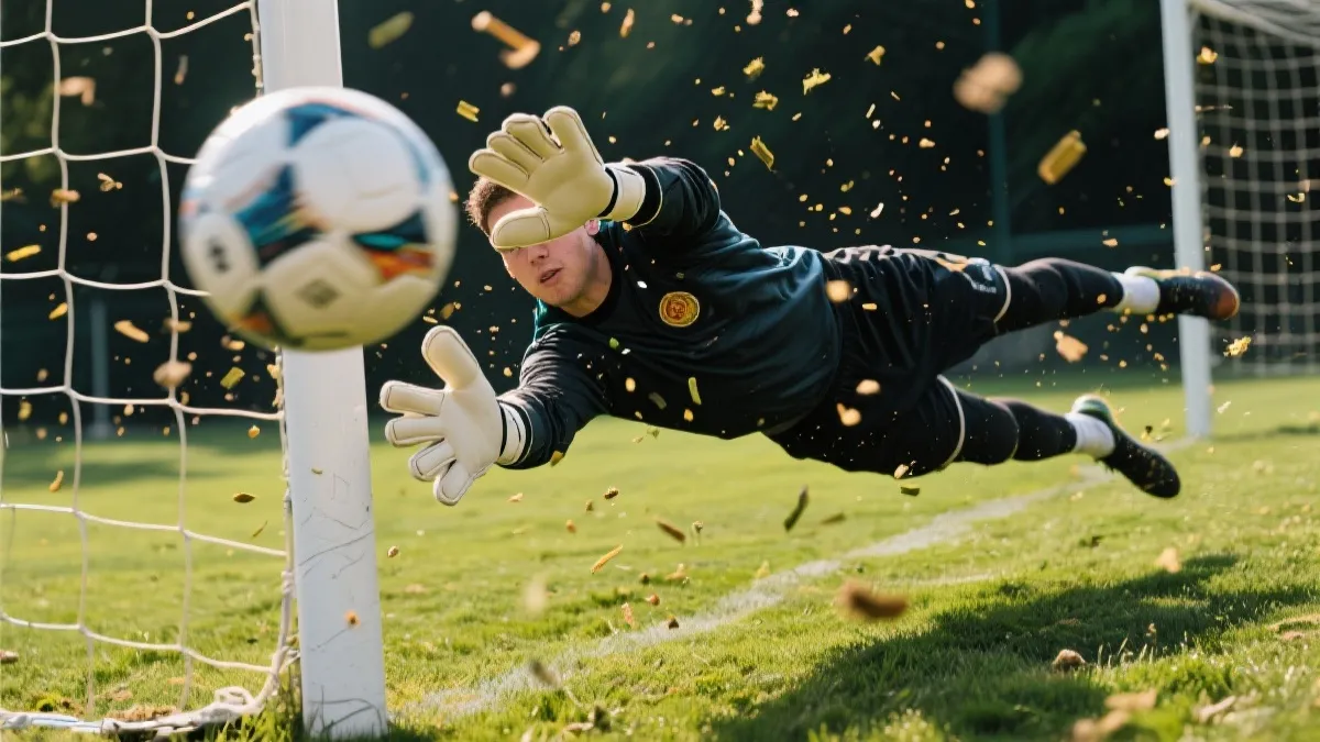 门将扑救瞬间：手套触球、草屑飞起、体育摄影质感