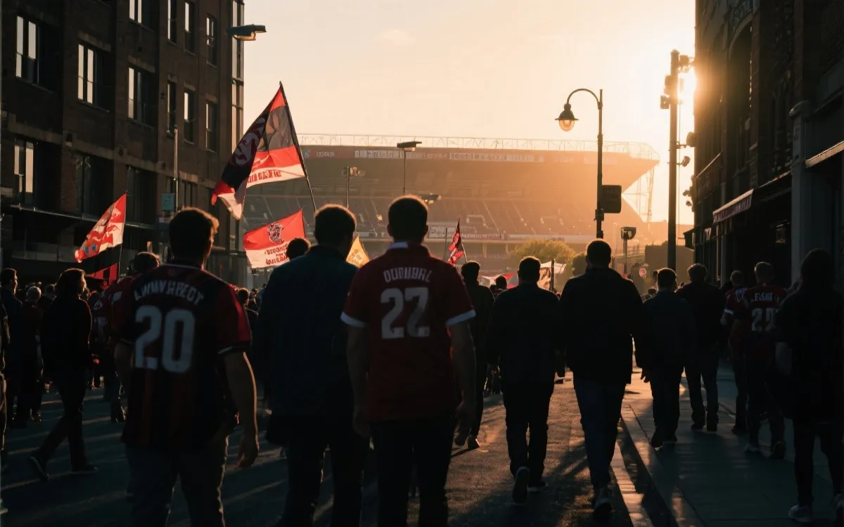 球迷在城市街头规划路线与预算：地图、手机与球场远景