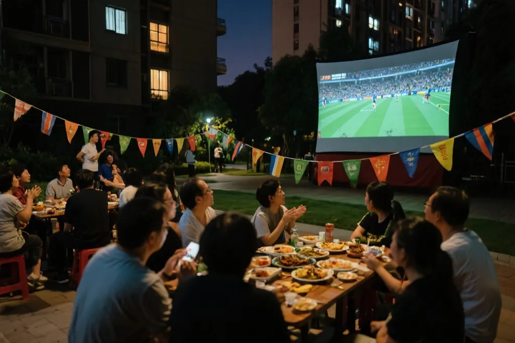 小区公共空间的世界杯观赛联欢，邻里围坐，手作小旗与共享美食桌，温暖社区氛围
