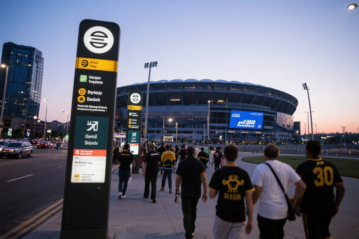 城市公共交通指示牌与球迷步行前往球场的场景，强调换乘与时间缓冲