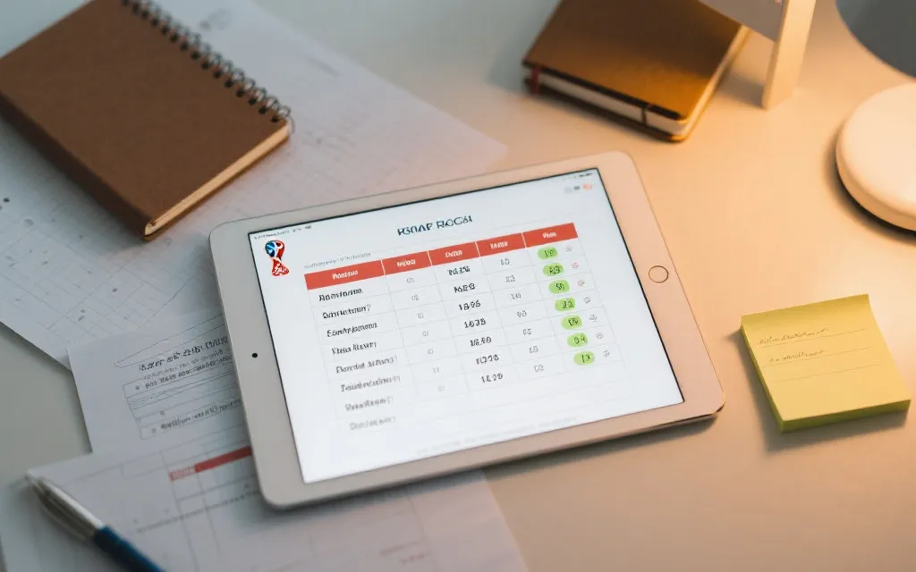 手写或电子表格形式的世界杯比分竞猜排行榜，包含姓名、预测比分、积分与排名，干净清晰